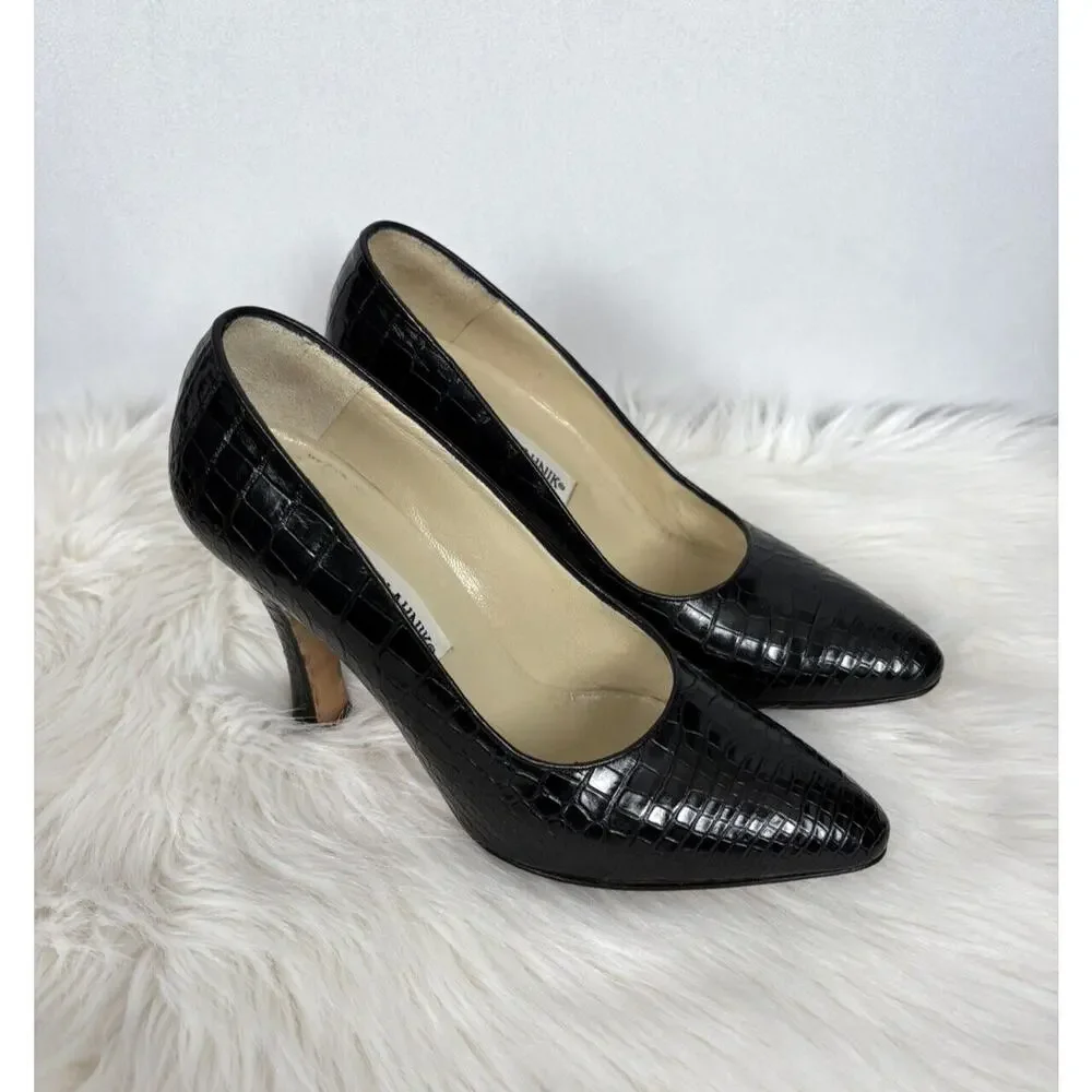 Manolo Blahnik Stiletto Pointed Toe Pumps Black Alligator Crocodile Size 37 - Picture 6 of 10